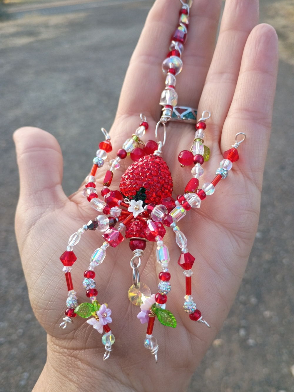 Red Beaded Strawberry Spider W/ Accent Floral Bead Details
